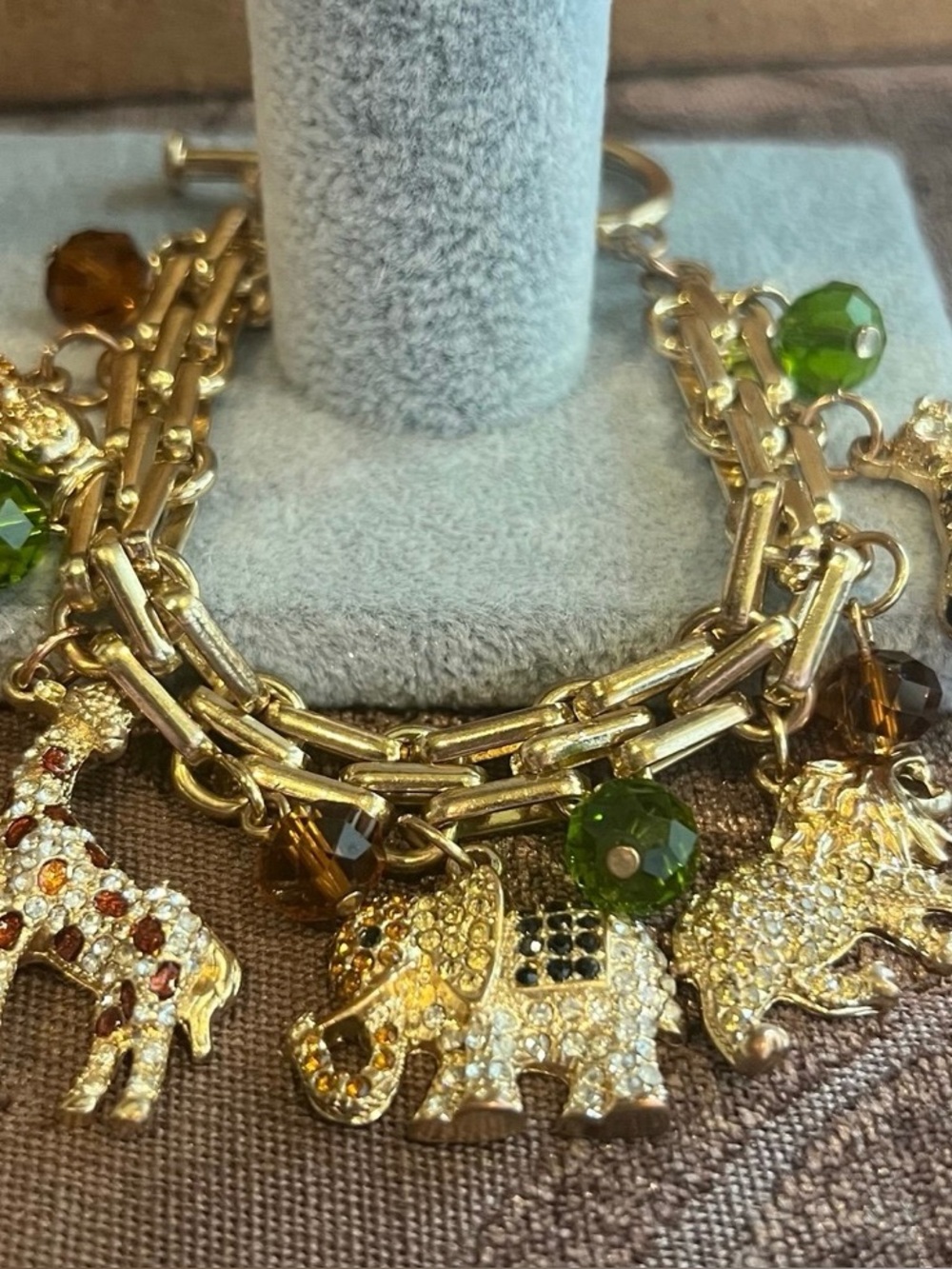 Gold-Tone Safari Charm  Bracelet with Green and Amber Crystal Beads